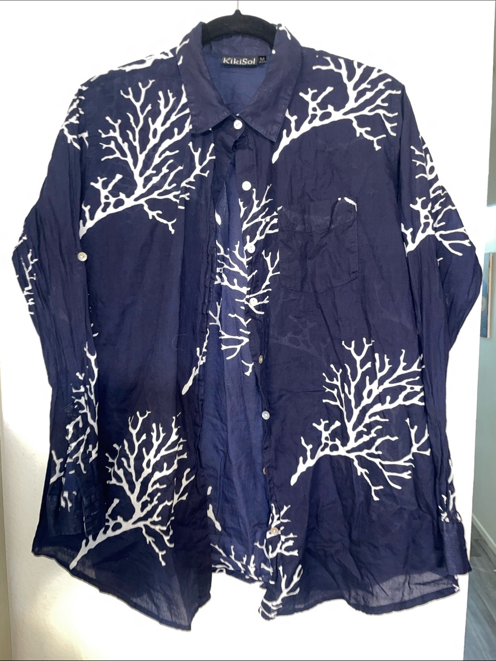 KikiSol Navy and White Coral Print Button Down Shirt